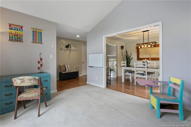 104 Somerset Dr, Raeford, NC 28376 - sitting room featuring carpet floors, lofted ceiling, recessed lighting, and a chandelier
