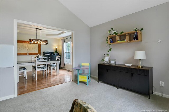 104 Somerset Dr, Raeford, NC 28376 - office space with carpet, vaulted ceiling, and a chandelier