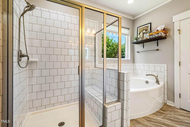 42 Juneberry Dr, Chapel Hill, NC 27516 - bathroom with a stall shower, a garden tub, and ornamental molding