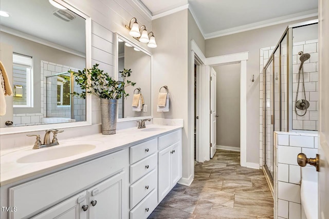 42 Juneberry Dr, Chapel Hill, NC 27516 - full bathroom featuring a shower stall, double vanity, crown molding, and marble finish floors
