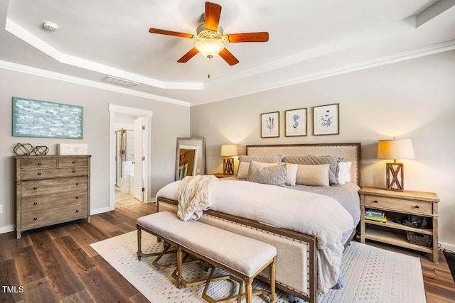42 Juneberry Dr, Chapel Hill, NC 27516 - bedroom featuring a raised ceiling, wood finished floors, a ceiling fan, ensuite bath, and crown molding