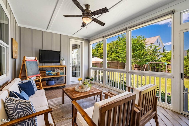 42 Juneberry Dr, Chapel Hill, NC 27516 - sunroom with a deck, ceiling fan, and hardwood / wood-style flooring