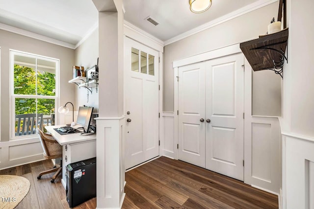 42 Juneberry Dr, Chapel Hill, NC 27516 - home office with ornamental molding, dark wood-style floors, and a decorative wall