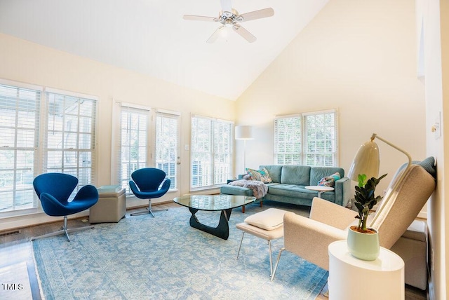 10 Marchmont Ct, Durham, NC 27705 - living room featuring high vaulted ceiling, healthy amount of natural light, ceiling fan, and wood finished floors