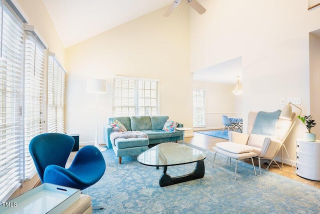 10 Marchmont Ct, Durham, NC 27705 - living room with high vaulted ceiling, wood finished floors, and ceiling fan