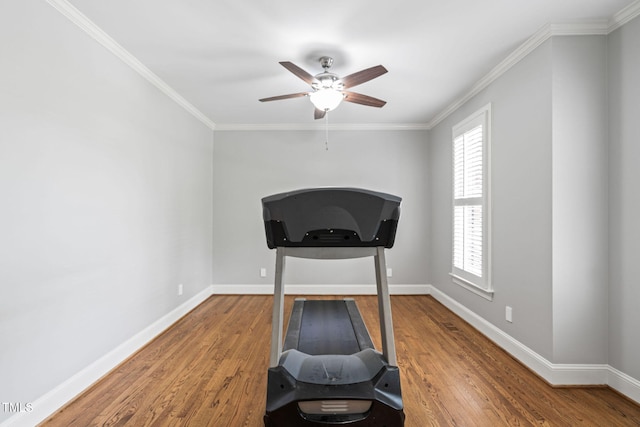 202 Stoneleigh Dr, Cary, NC 27511 - exercise room with healthy amount of natural light, ceiling fan, wood finished floors, and crown molding