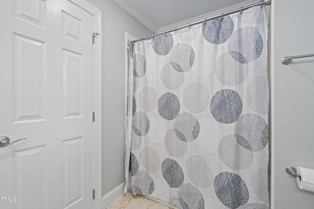 202 Stoneleigh Dr, Cary, NC 27511 - bathroom with crown molding and a shower with shower curtain