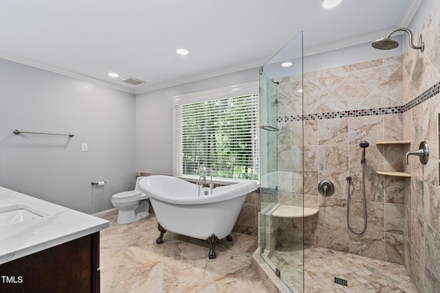 202 Stoneleigh Dr, Cary, NC 27511 - bathroom featuring a stall shower, ornamental molding, a freestanding tub, vanity, and recessed lighting