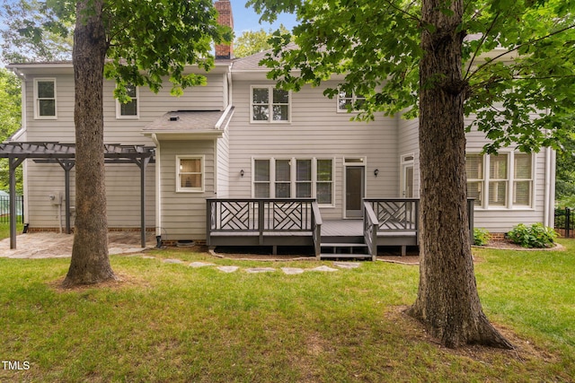 202 Stoneleigh Dr, Cary, NC 27511 - back of property featuring a pergola, a wooden deck, a yard, and a chimney