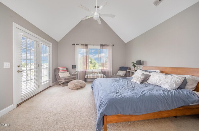 656 Atkins Rd, Fuquay Varina, NC 27526 - carpeted bedroom featuring access to outside, multiple windows, ceiling fan, and high vaulted ceiling