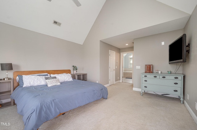 656 Atkins Rd, Fuquay Varina, NC 27526 - bedroom with high vaulted ceiling, light colored carpet, ensuite bath, and a ceiling fan