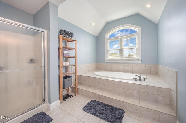 656 Atkins Rd, Fuquay Varina, NC 27526 - full bathroom featuring lofted ceiling, a garden tub, a stall shower, tile patterned floors, and recessed lighting