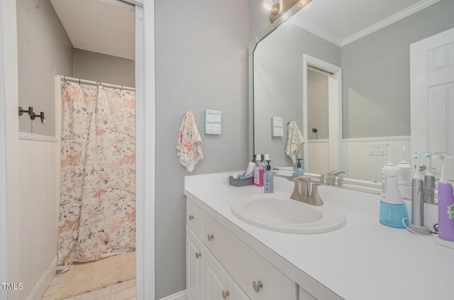 656 Atkins Rd, Fuquay Varina, NC 27526 - bathroom featuring vanity, ornamental molding, and a shower with shower curtain