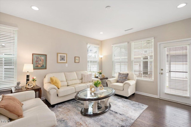 1416 Southpoint Trl, Durham, NC 27713 - living room with dark wood-style flooring and recessed lighting