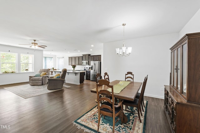 202 E Painted Way, Clayton, NC 27527 - dining space with a chandelier, a ceiling fan, dark wood-style floors, and recessed lighting