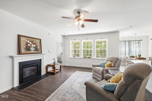 202 E Painted Way, Clayton, NC 27527 - living room featuring a ceiling fan, dark wood-style flooring, and a glass covered fireplace