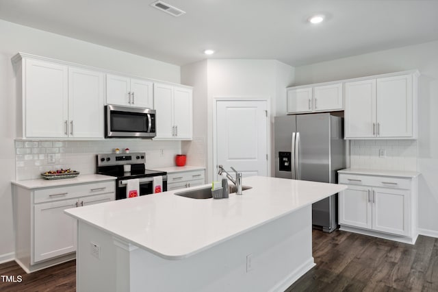 248 Hawksmoore Ln, Lillington, NC 27546 - kitchen with appliances with stainless steel finishes, dark wood-type flooring, white cabinets, decorative backsplash, and recessed lighting