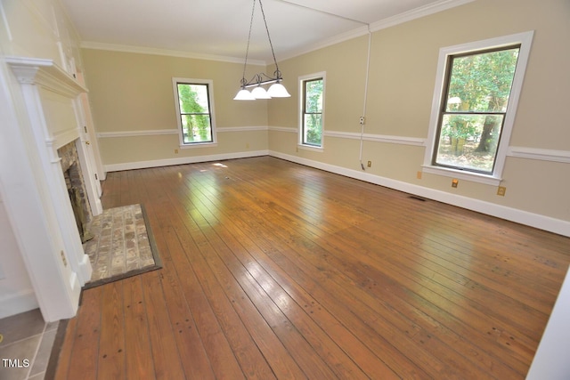 2708 Coleberry Trl, Rocky Mount, NC 27804 - unfurnished living room with a fireplace, dark wood-style flooring, and crown molding