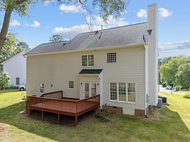 8 Summertime Ct, Durham, NC 27707 - back of property with a yard, a deck, a chimney, a shingled roof, and crawl space