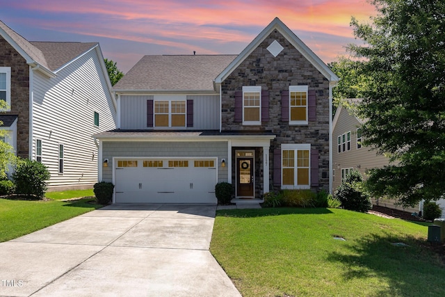 1127 Timbercut Dr, Durham, NC 27703 - traditional-style home featuring stone siding, concrete driveway, a front lawn, and a garage