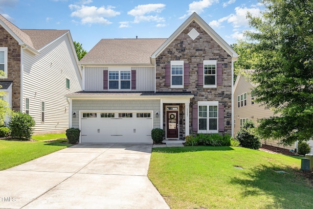 1127 Timbercut Dr, Durham, NC 27703 - view of front of home with board and batten siding, driveway, stone siding, and a front yard