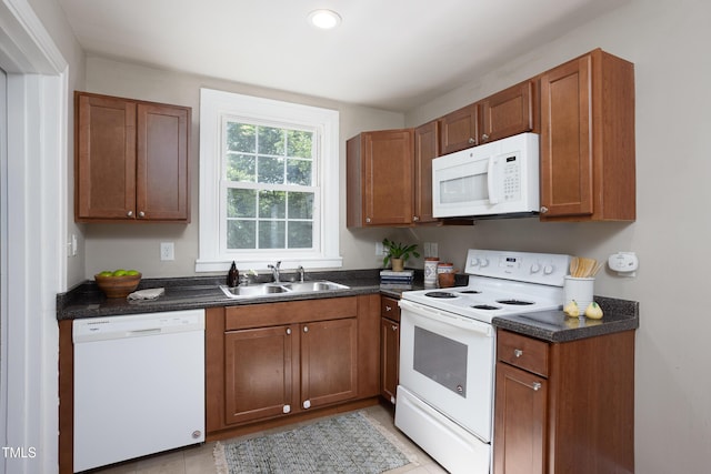 2423 Farthing St, Durham, NC 27704 - kitchen featuring white appliances, dark countertops, brown cabinets, and recessed lighting