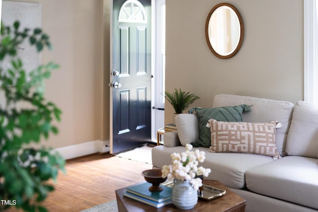 2423 Farthing St, Durham, NC 27704 - living room featuring wood finished floors and baseboards