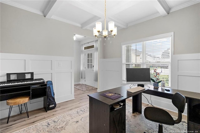 3902 Standardbred Dr, Hope Mills, NC 28348 - office area featuring a decorative wall, light wood-style flooring, beamed ceiling, a chandelier, and wainscoting