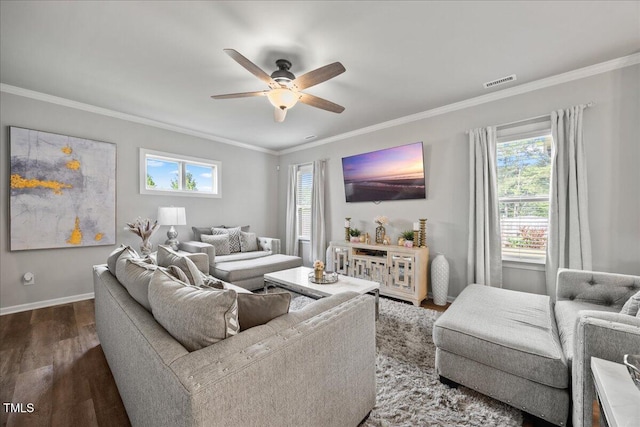 601 Richlands Cliff Dr, Youngsville, NC 27596 - living room featuring wood finished floors, plenty of natural light, ceiling fan, and crown molding