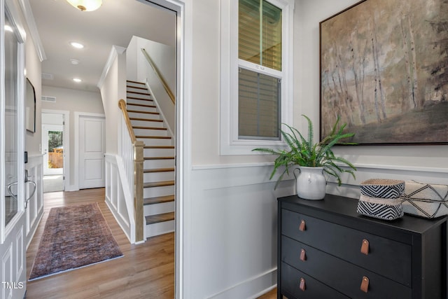 124 Sugar Run Dr Unit 11, Fuquay Varina, NC 27526 - entryway featuring light wood finished floors, stairway, and recessed lighting