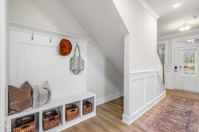 124 Sugar Run Dr Unit 11, Fuquay Varina, NC 27526 - mudroom featuring light wood-style flooring and ornamental molding