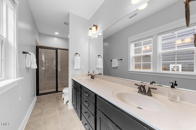 1920 Hart St, Durham, NC 27703 - full bath with double vanity, a shower stall, tile patterned floors, and recessed lighting