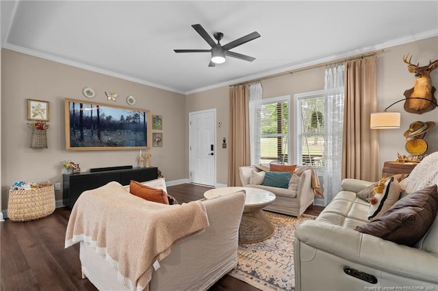 588 Heritage Farm Rd, Carthage, NC 28327 - living room with crown molding, ceiling fan, and dark wood-style floors