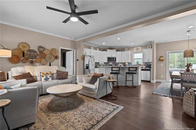 588 Heritage Farm Rd, Carthage, NC 28327 - living area with a ceiling fan, ornamental molding, dark wood-type flooring, and recessed lighting