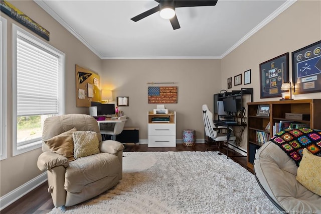 588 Heritage Farm Rd, Carthage, NC 28327 - office area with crown molding, a ceiling fan, and wood finished floors