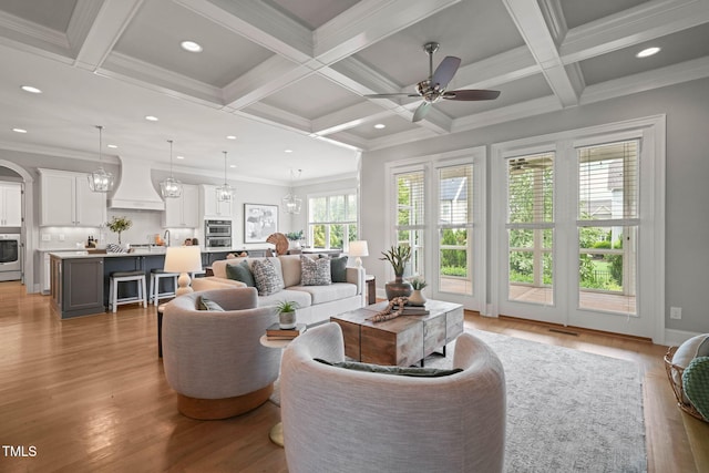 121 Hardy Oaks Way, Holly Springs, NC 27540 - living room with light wood finished floors, recessed lighting, coffered ceiling, beam ceiling, and a ceiling fan