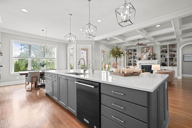 121 Hardy Oaks Way, Holly Springs, NC 27540 - kitchen with gray cabinets, dishwasher, a chandelier, ceiling fan, and recessed lighting