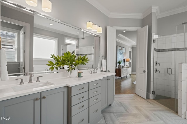 121 Hardy Oaks Way, Holly Springs, NC 27540 - full bath featuring a stall shower, double vanity, ornamental molding, and recessed lighting