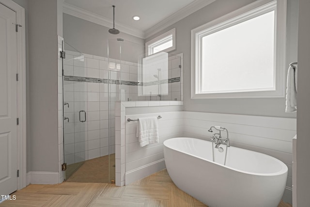 121 Hardy Oaks Way, Holly Springs, NC 27540 - full bathroom featuring a stall shower, a soaking tub, ornamental molding, and recessed lighting