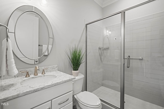 121 Hardy Oaks Way, Holly Springs, NC 27540 - bathroom with vanity, a shower stall, and ornamental molding