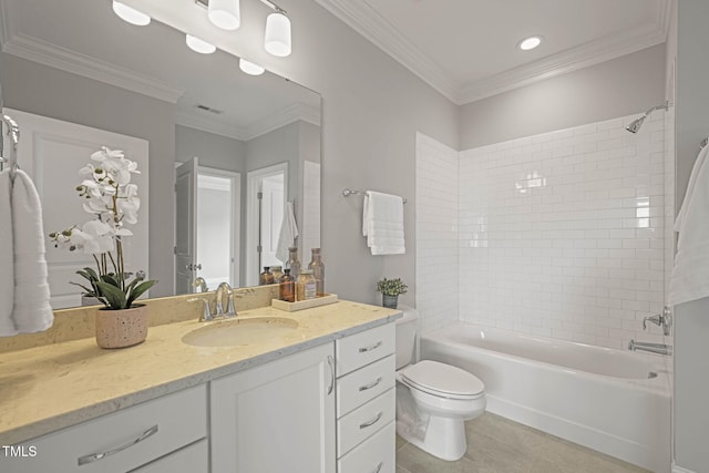 121 Hardy Oaks Way, Holly Springs, NC 27540 - full bath with vanity, tile patterned floors, bathtub / shower combination, ornamental molding, and recessed lighting