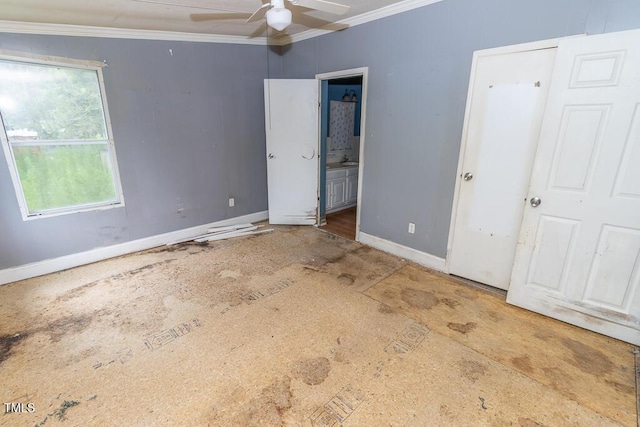 269 Beagle Run Ln, Aberdeen, NC 28315 - unfurnished bedroom featuring crown molding, ensuite bathroom, and ceiling fan