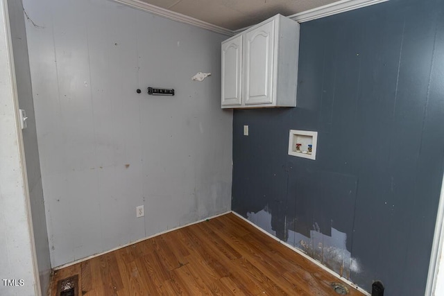 269 Beagle Run Ln, Aberdeen, NC 28315 - laundry area with cabinet space, wood finished floors, hookup for a washing machine, and crown molding