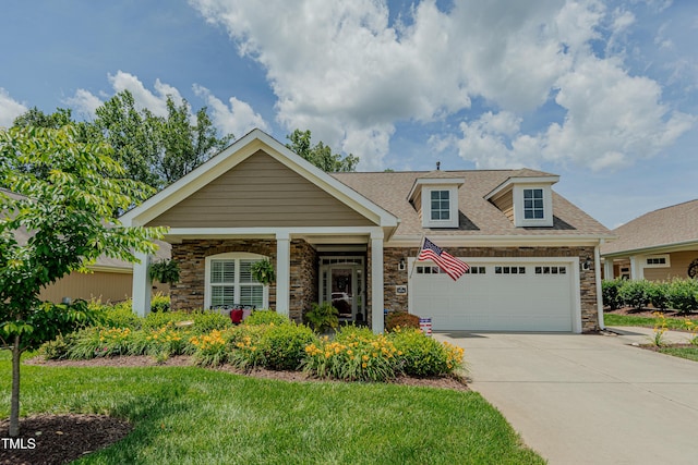 514 Ashley Woods Dr, Gibsonville, NC 27249 - view of front facade featuring stone siding, driveway, a garage, and a shingled roof