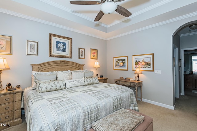 514 Ashley Woods Dr, Gibsonville, NC 27249 - bedroom featuring carpet, arched walkways, ornamental molding, a raised ceiling, and ceiling fan