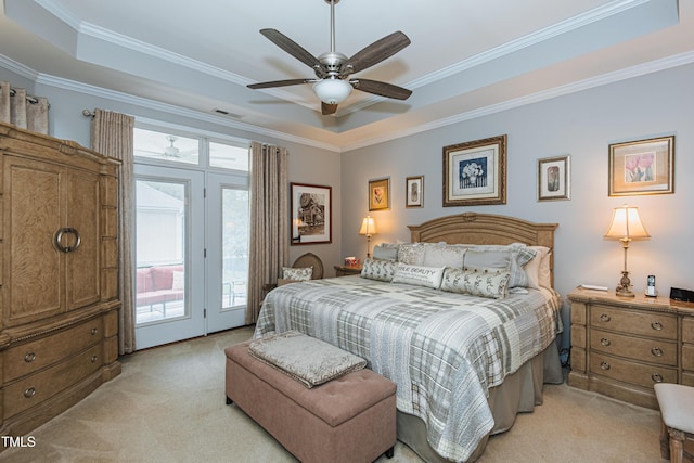 514 Ashley Woods Dr, Gibsonville, NC 27249 - bedroom with light colored carpet, access to outside, a raised ceiling, crown molding, and ceiling fan