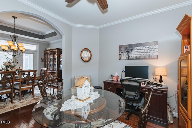 514 Ashley Woods Dr, Gibsonville, NC 27249 - office space with dark wood-style flooring, arched walkways, ornamental molding, a chandelier, and ceiling fan