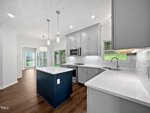 8640 Swarthmore Dr, Raleigh, NC 27615 - kitchen featuring stainless steel appliances, gray cabinetry, a center island, dark wood-style flooring, and tasteful backsplash
