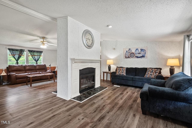 558 Christys Way, Roxboro, NC 27574 - living room featuring a textured ceiling, wood finished floors, a glass covered fireplace, and ceiling fan
