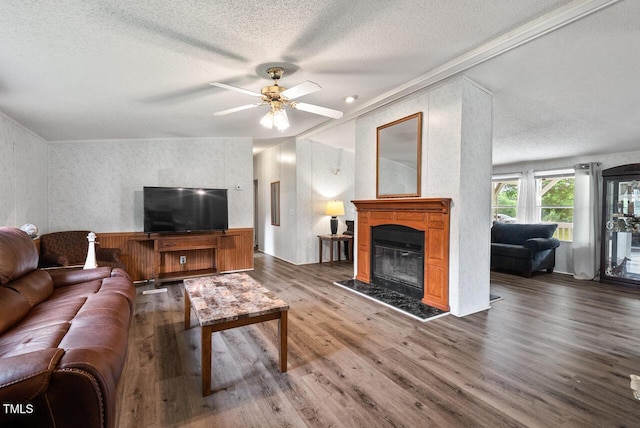 558 Christys Way, Roxboro, NC 27574 - living room with wood finished floors, a textured ceiling, a glass covered fireplace, and a ceiling fan
